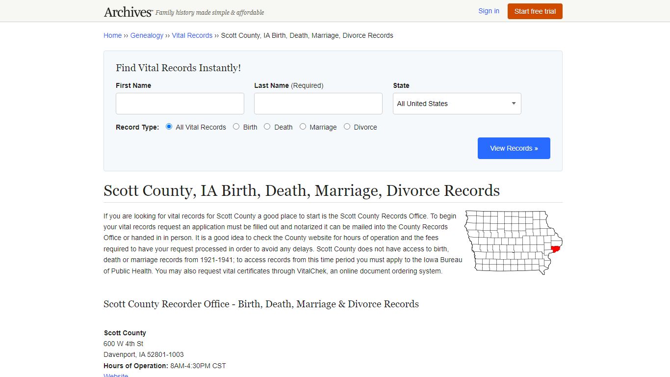 Scott County, IA Birth, Death, Marriage, Divorce Records - Archives.com